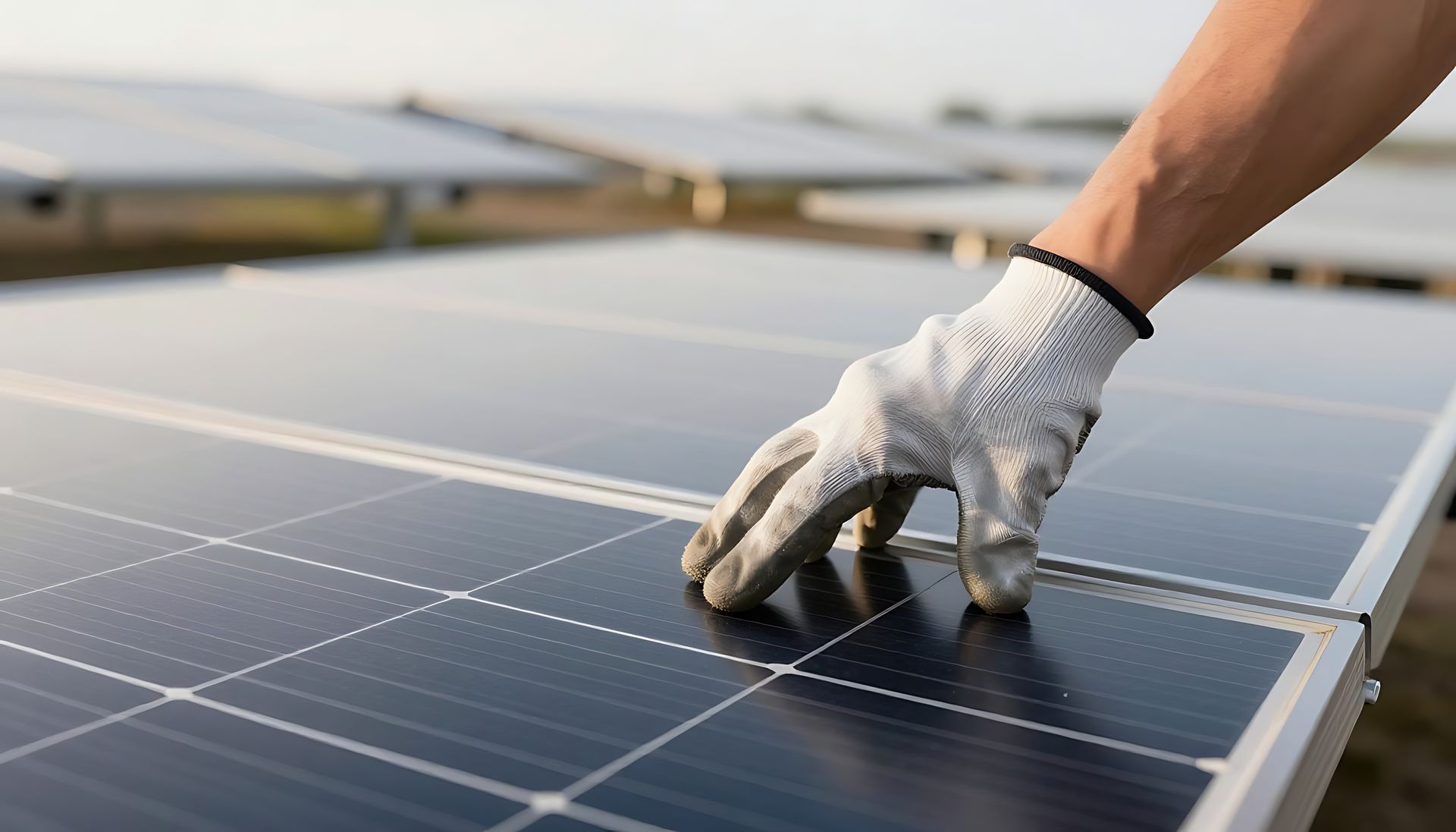 Gloved hand cleaning a solar panel outdoors on a rooftop or solar farm