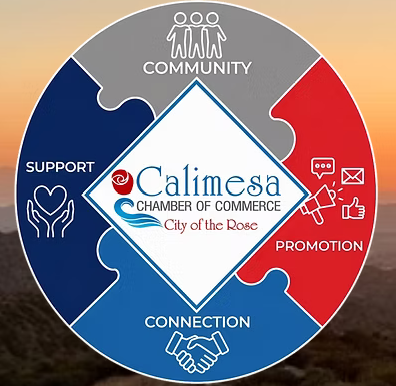 Calimesa Chamber of Commerce logo puzzle in red, blue, and gray with community, support, connection, promotion icons