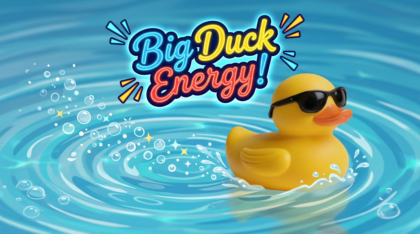 Big Duck Energy logo with a yellow duck wearing sunglasses floating in blue water with bubbles