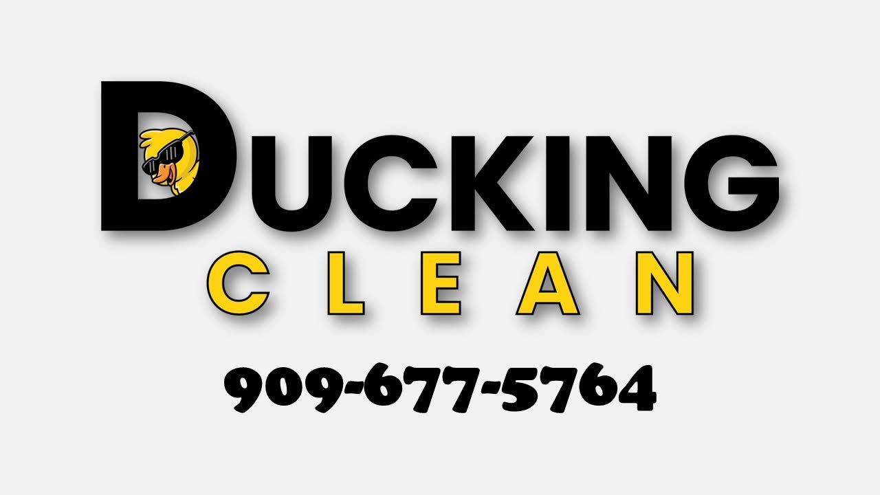 Ducking Clean logo with black and yellow text and phone number 909-677-5764