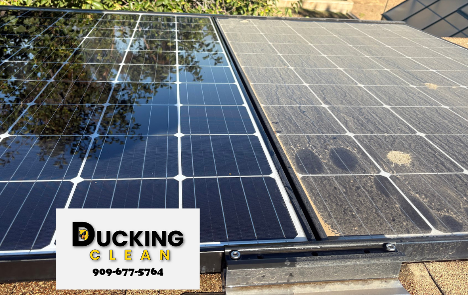 Solar panels on a roof, one side clean and reflective, the other dusty, with a Ducking Clean logo sign.