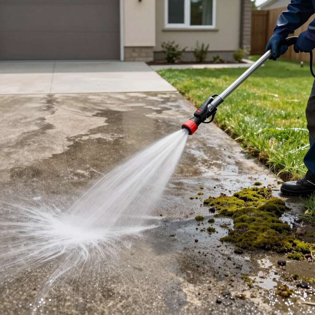 Person pressure-washing a driveway beside a lawn, spraying dirt and moss away.