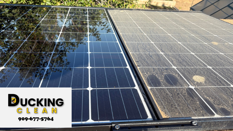 Solar panels on a roof, one row dark and clean, one row dusty, with Ducking Geek logo in corner
