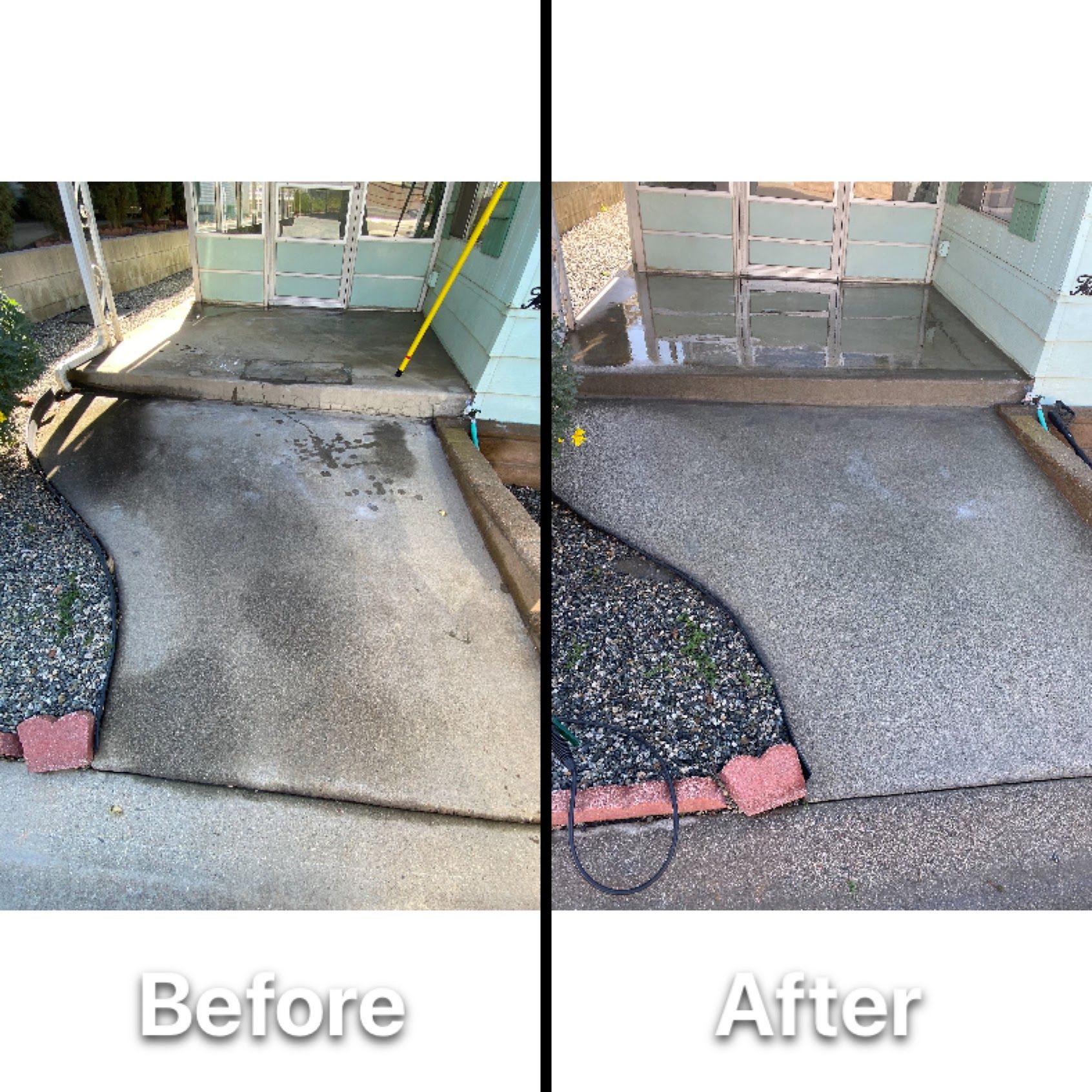 Before-and-after of a repaired concrete entryway: cracked dark surface replaced with smooth gray paving.