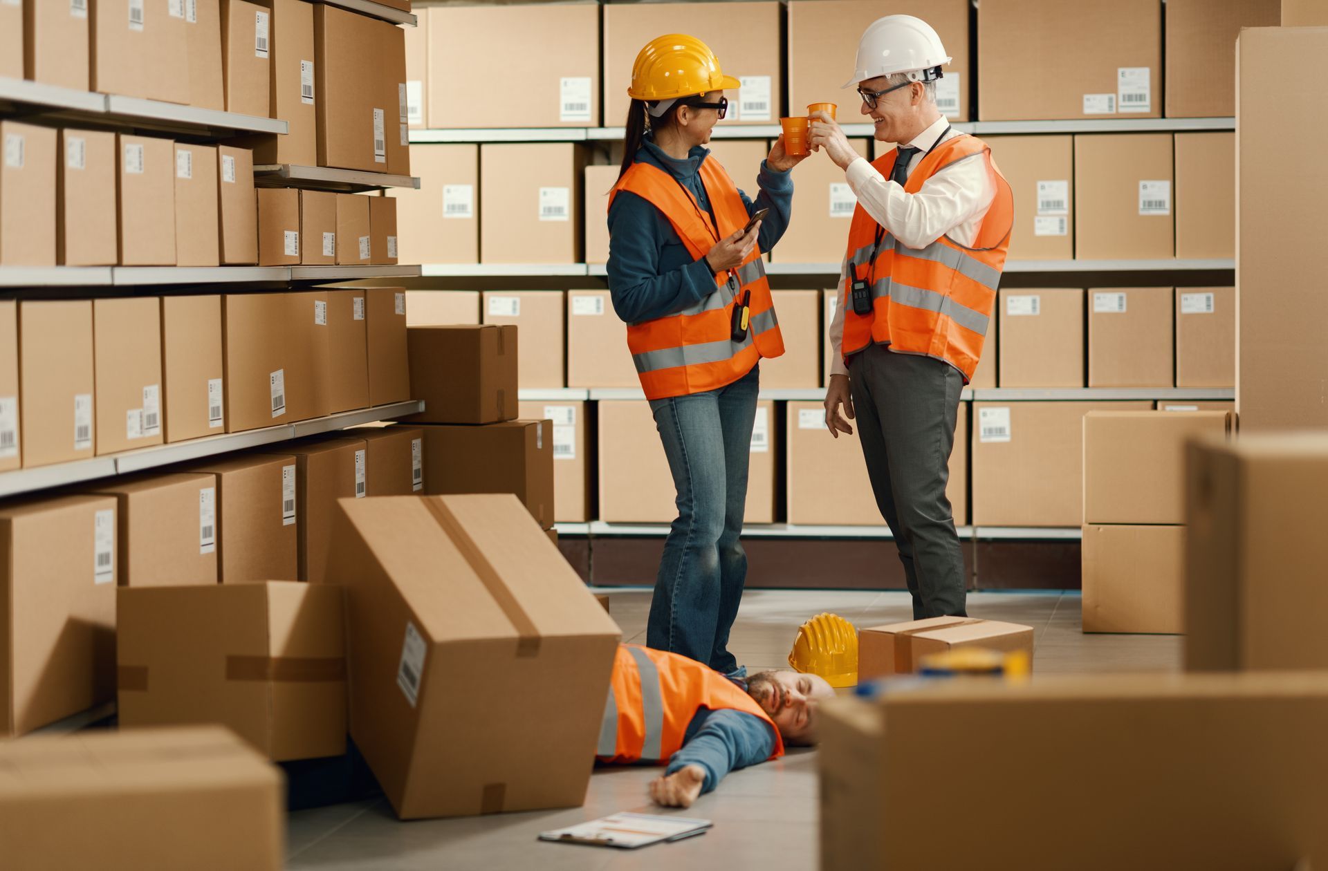 Workers in orange safety vests inspect a warehouse aisle with stacked boxes and one person on the floor