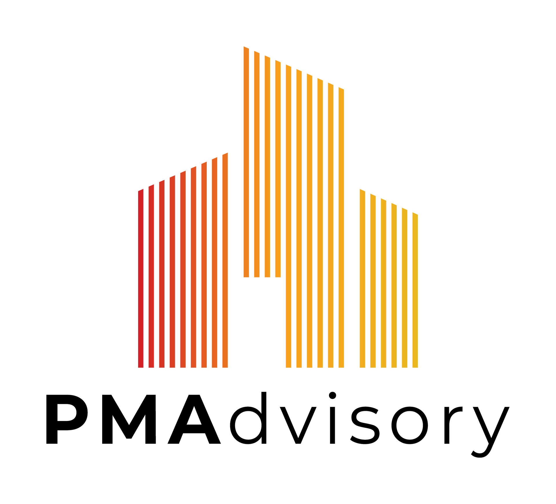 Logo: Abstract building design, vertical lines in shades of red to yellow,