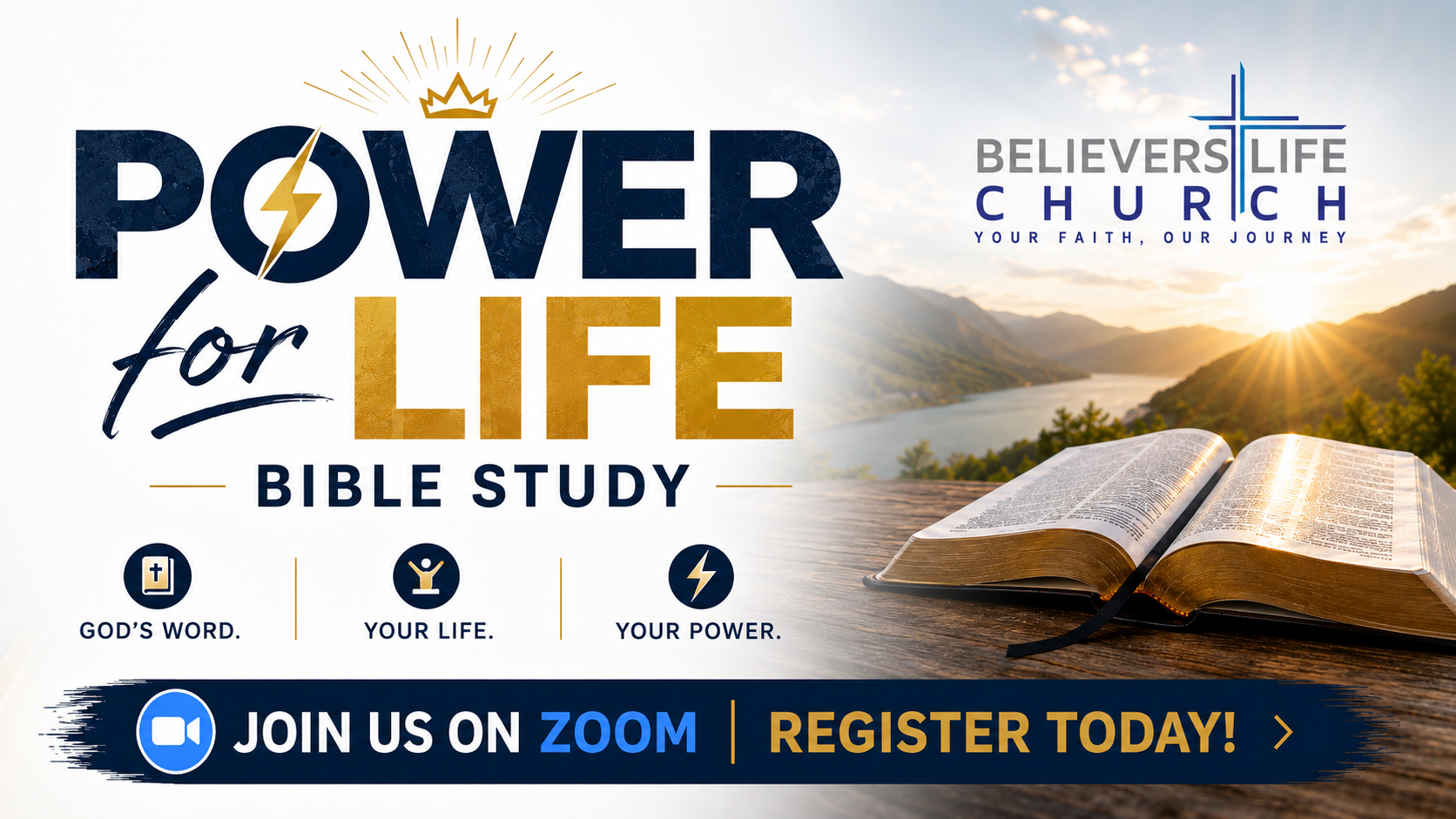 A poster for a virtual bible study called power for life
