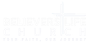 The logo for believers life church has a cross on it.