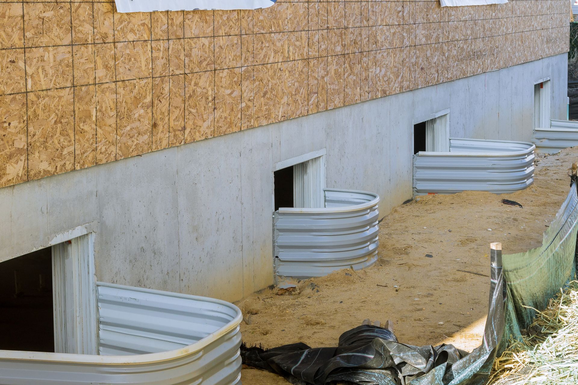Concrete foundation with window wells; unfinished exterior wall with wood sheathing.