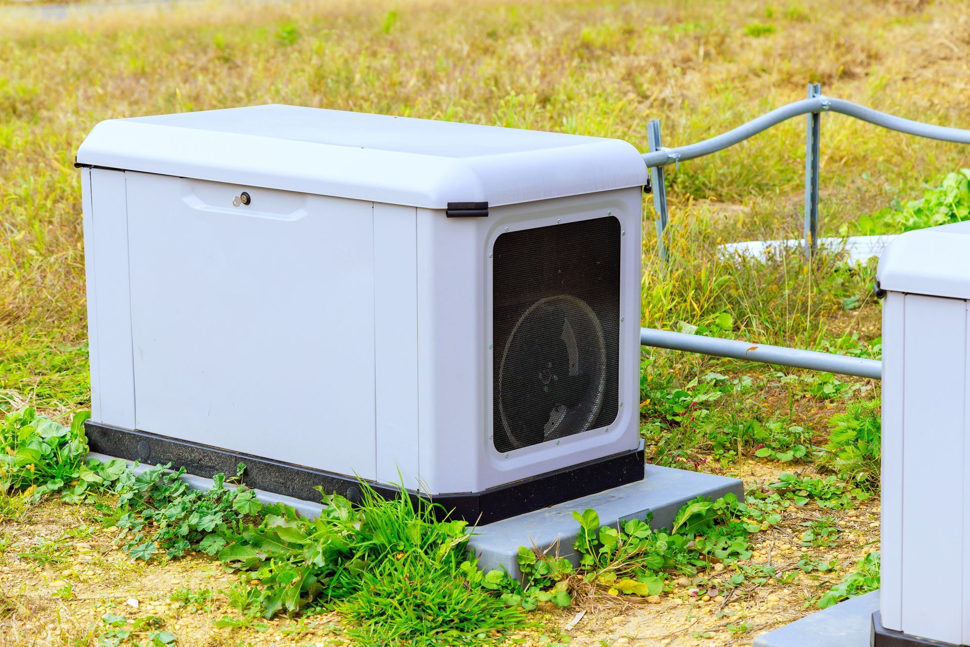 Gray generator enclosure outside, near a metal railing and vegetation.