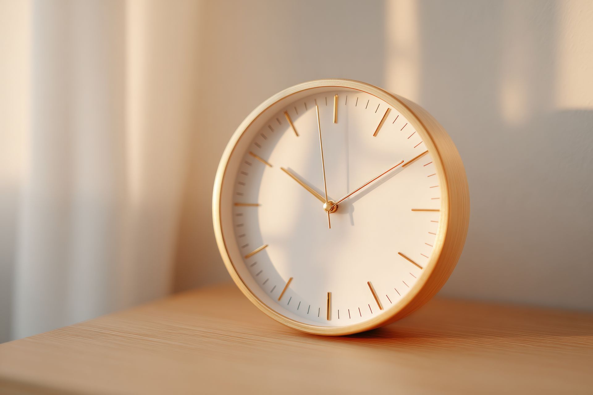 Gold analog clock on a wooden surface, with a white face and minimalist design, illuminated by sunlight.