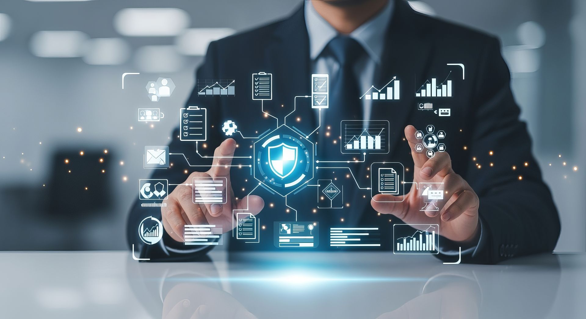 Man in suit holding digital security icons, representing data protection.