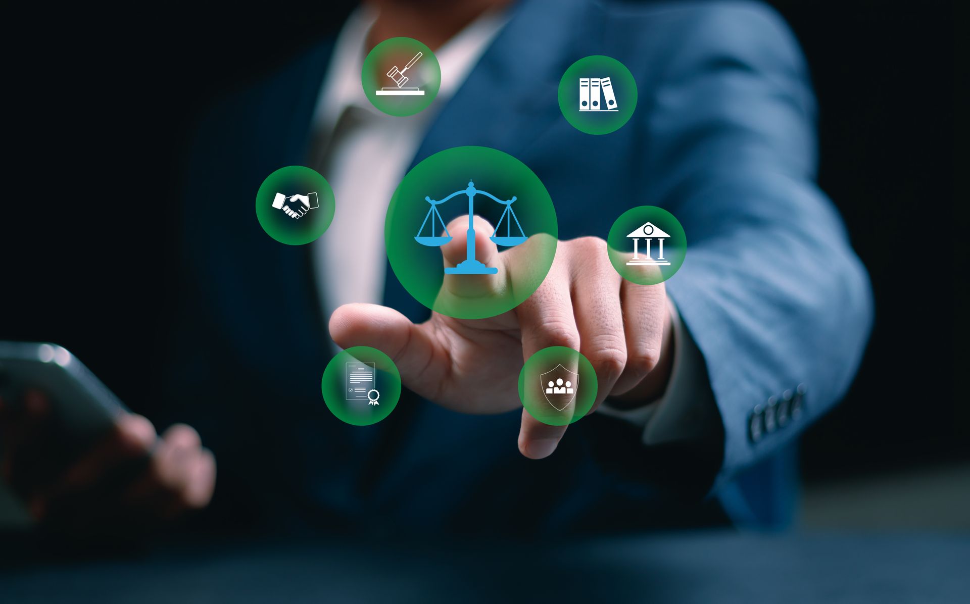 Person in suit points at justice scale icon, with law-related icons surrounding it.