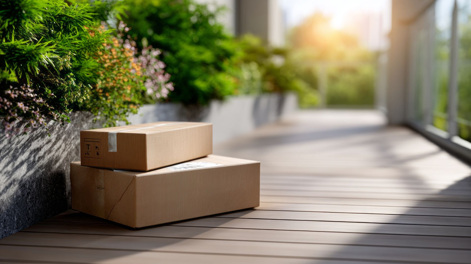 Two cardboard boxes on a wooden porch, near greenery; sunny outdoors.