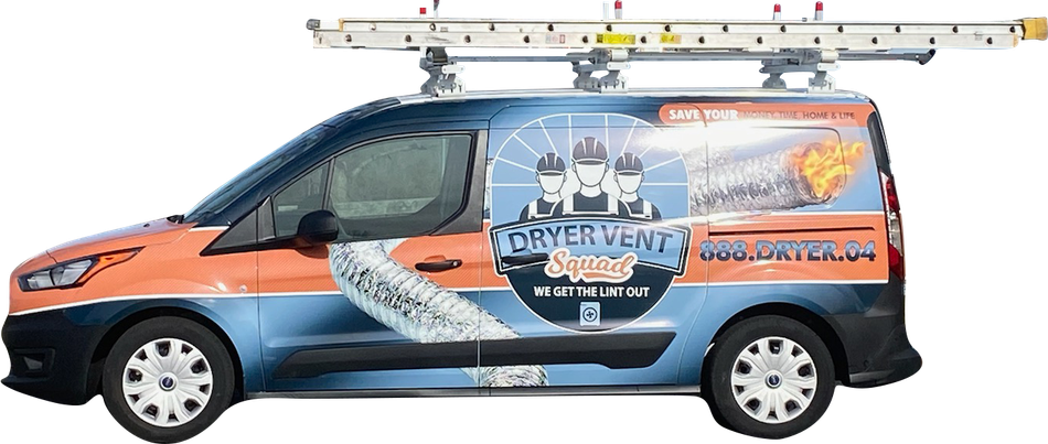 A blue and orange van with a ladder on top of it.