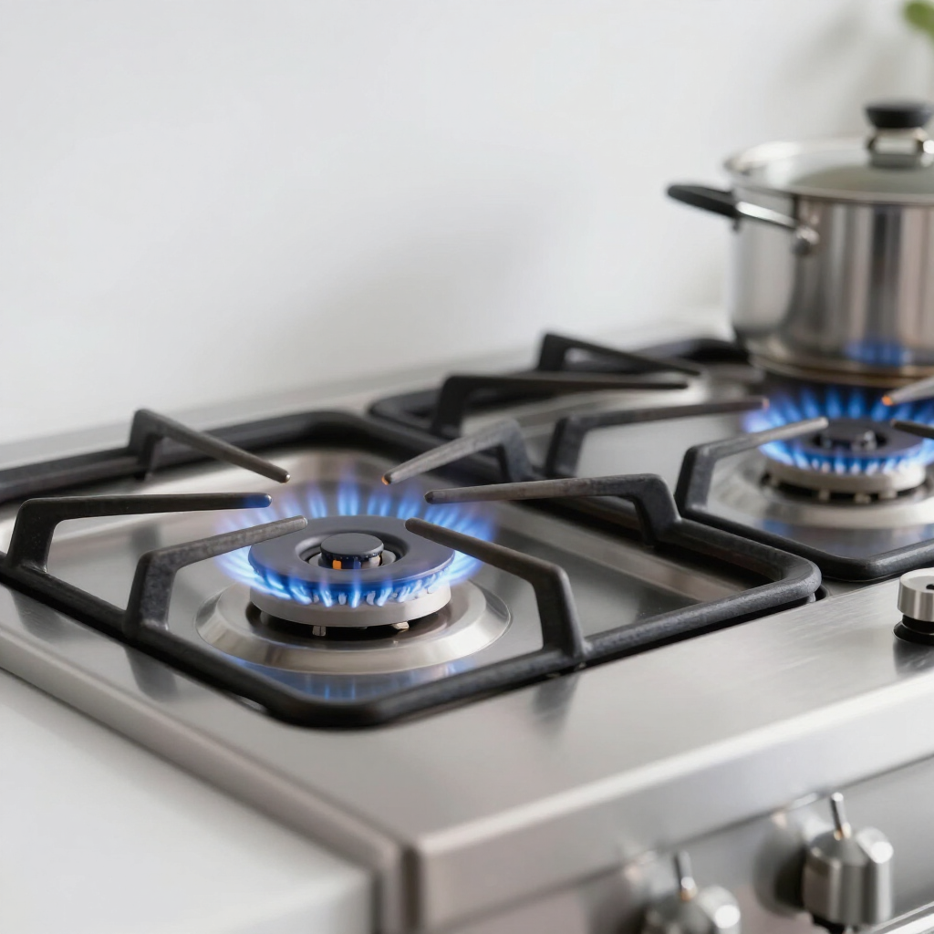 Stainless steel gas range with burners lit in a modern kitchen