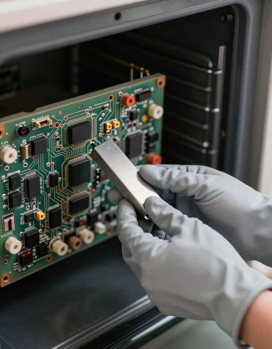 Technician inspecting oven bake element and control board