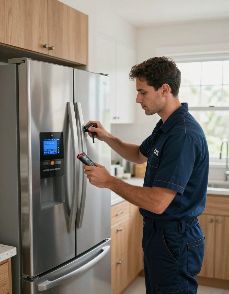 Factory-trained technician servicing a refrigerator in a Palm Coast Florida home