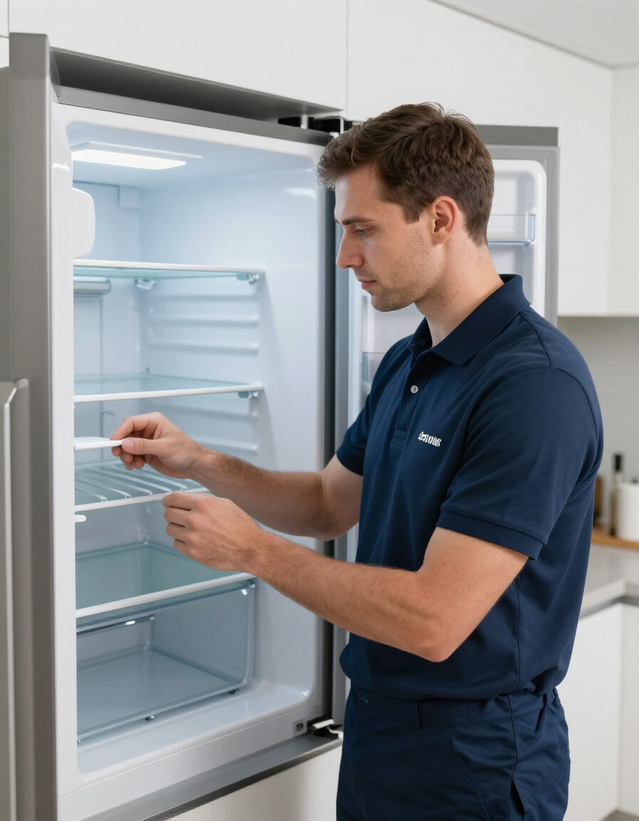 Technician examining refrigerator coils
