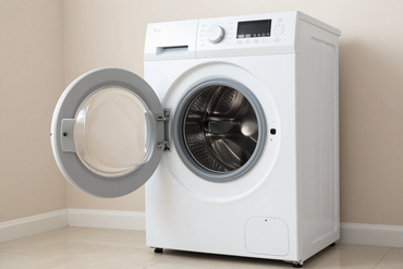 Front-load washer with door open in a laundry room