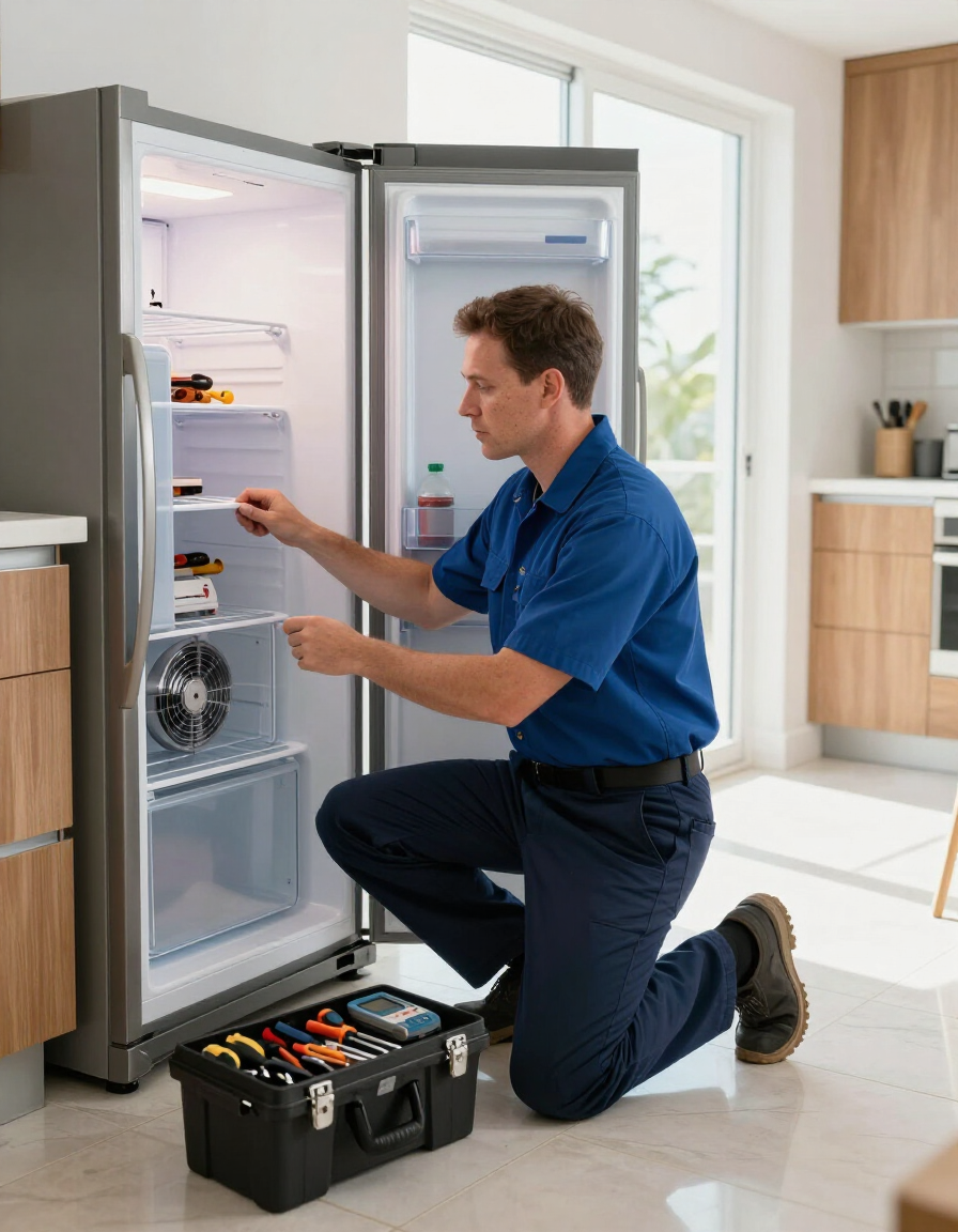 Certified appliance repair technician inspecting a refrigerator in a Florida kitchen