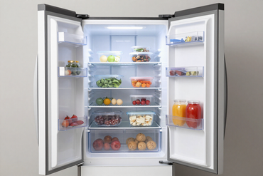 Upright freezer with door open showing organized frozen food