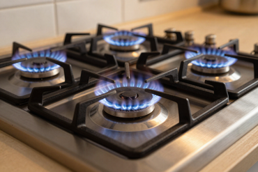 Gas range with blue burners lit in a residential kitchen