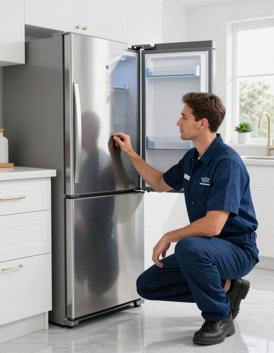 Factory-trained appliance technician servicing a refrigerator in a modern kitchen