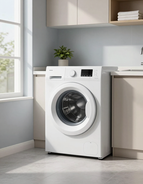 Front-load washer in a bright laundry room