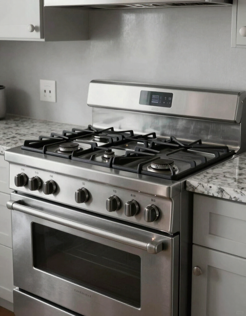 Six-burner stainless steel gas range in a residential kitchen
