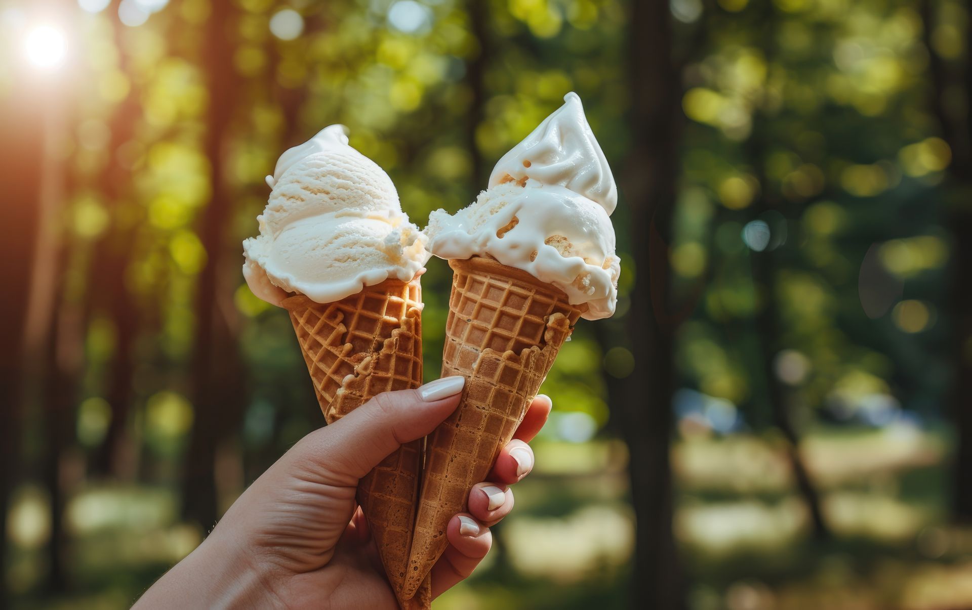 Hand holding two vanilla ice cream cones outdoors with blurred trees in the background