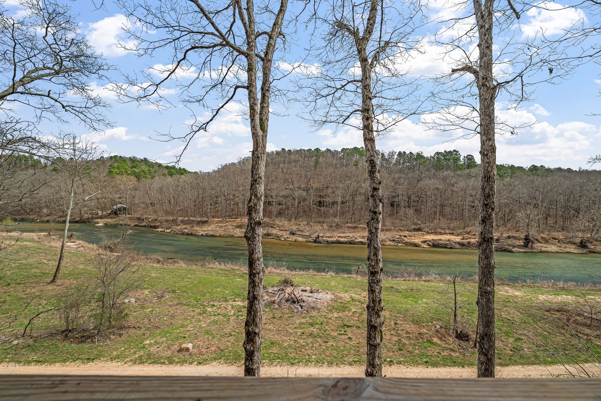 Bare trees beside a shallow river under a blue sky with scattered clouds.