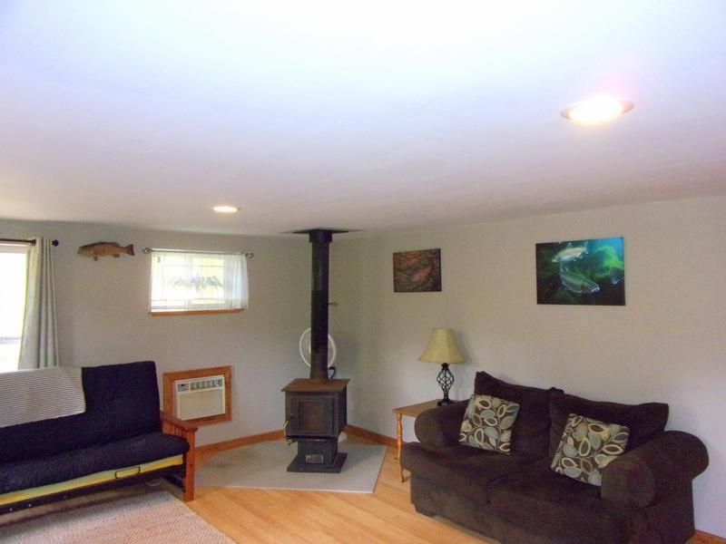 Living room with wood stove, sofa, futon, wall art, and bright ceiling lights