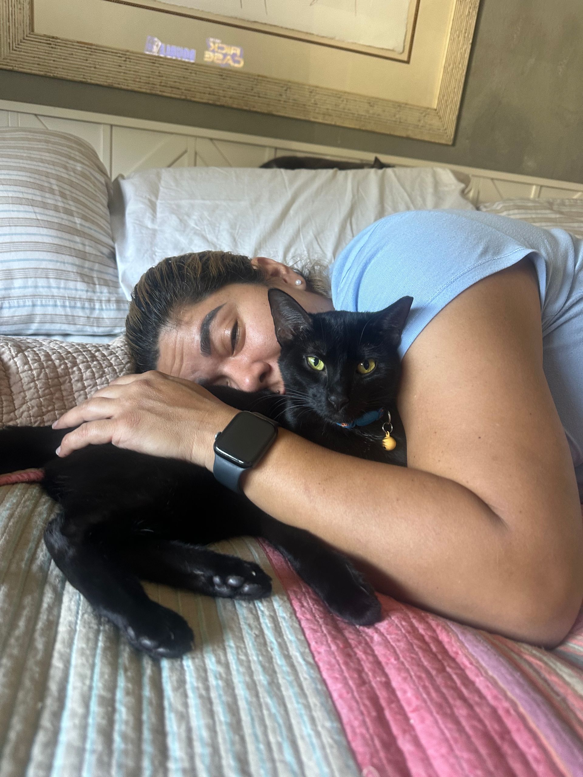 A woman is laying on a bed with a black cat