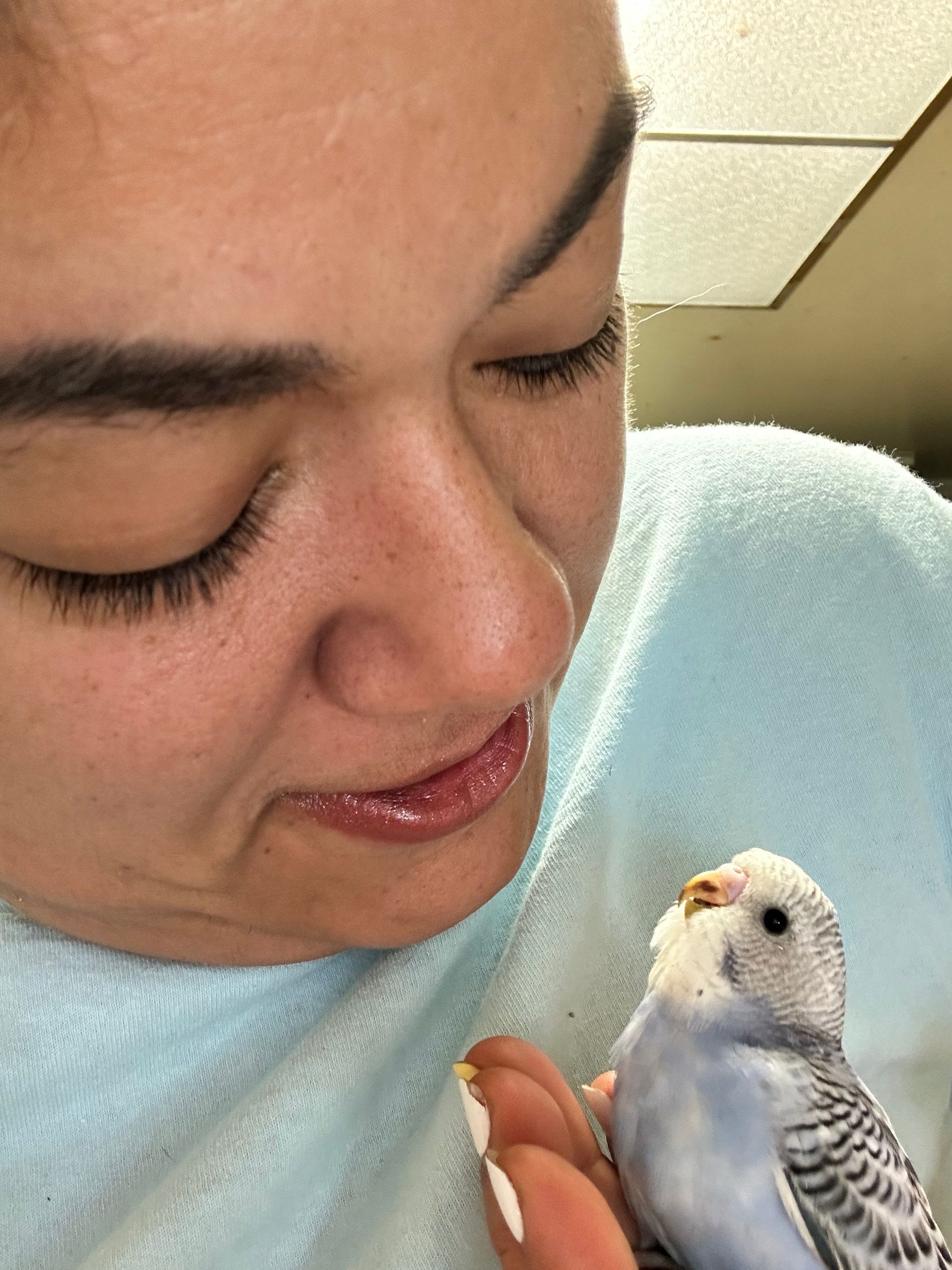 A woman is holding a small bird in her arms