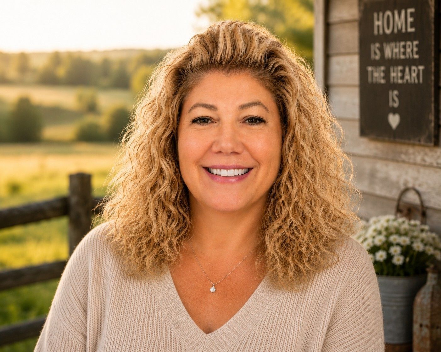 Smiling woman in a beige sweater indoors, with a farmhouse sign and fields in the background