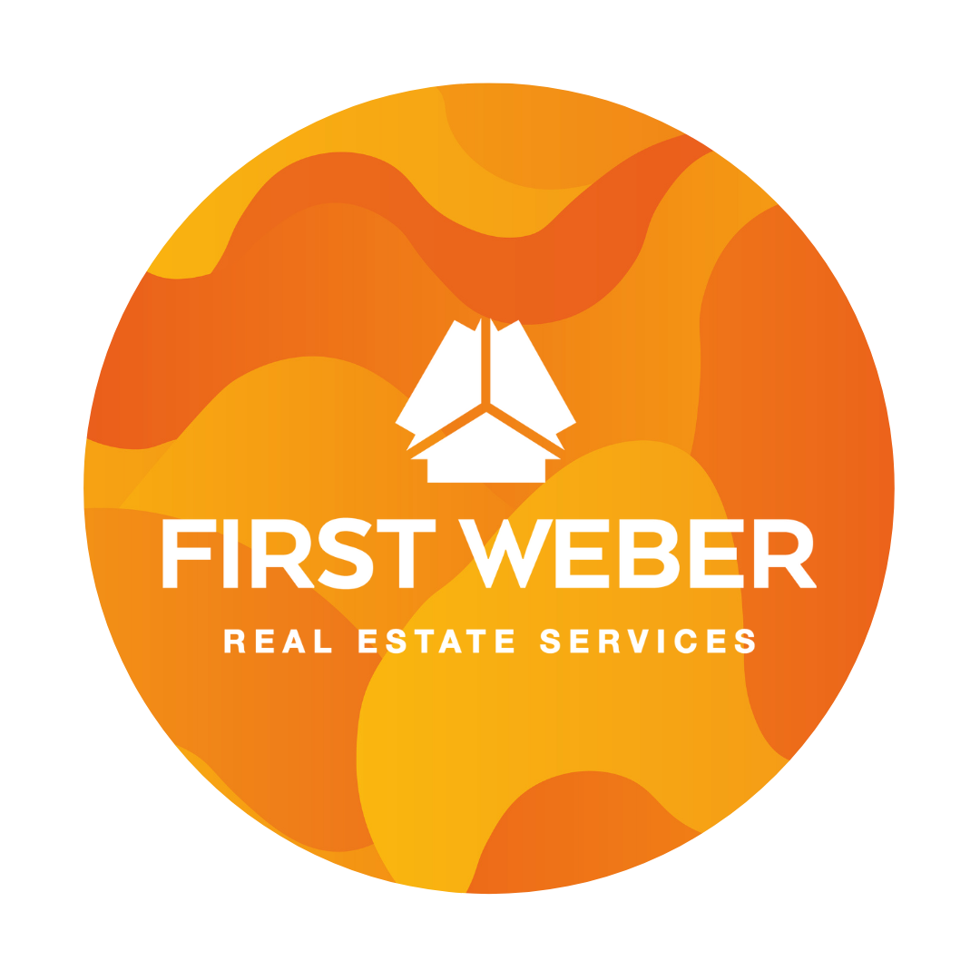 Orange circular logo for First Weber Real Estate Services with white house icon and text