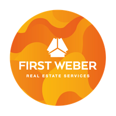 Orange circular logo for First Weber Real Estate Services with white house icon and text