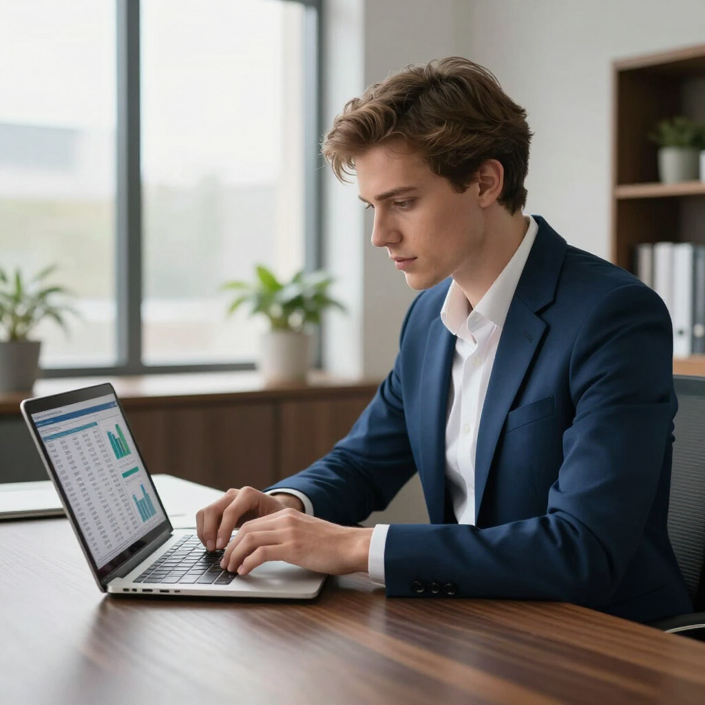 Man in a blue blazer typing on a laptop at a wooden desk in a bright office