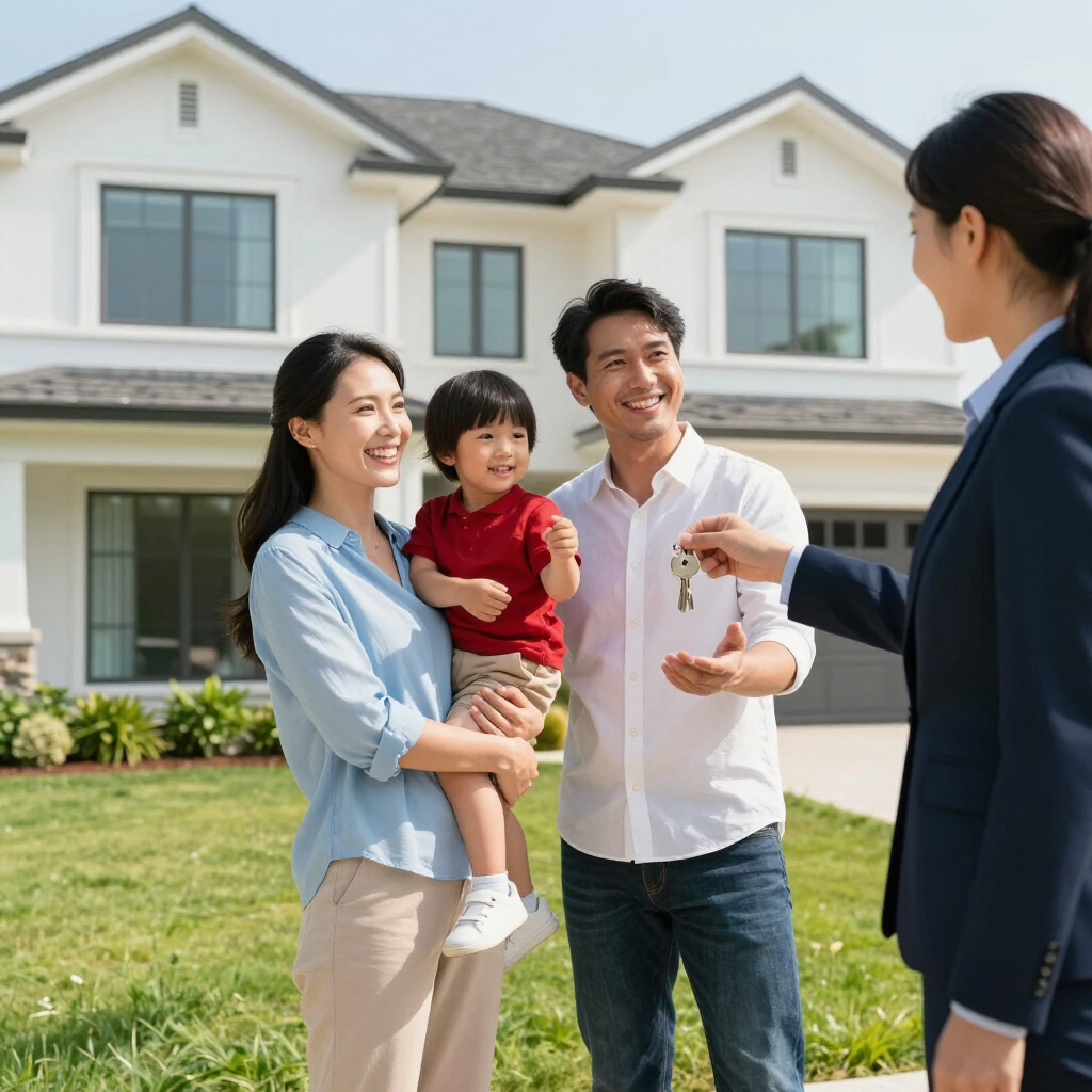 Family holding child outside a new house while a realtor gestures during a home tour