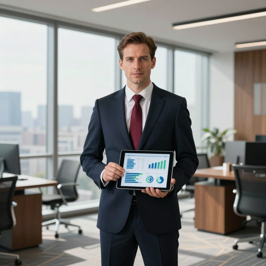 Business professional holding a tablet with sales charts in a modern office