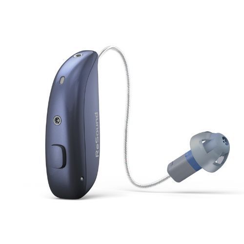 Blue Resound hearing aid with a clear ear dome attached.