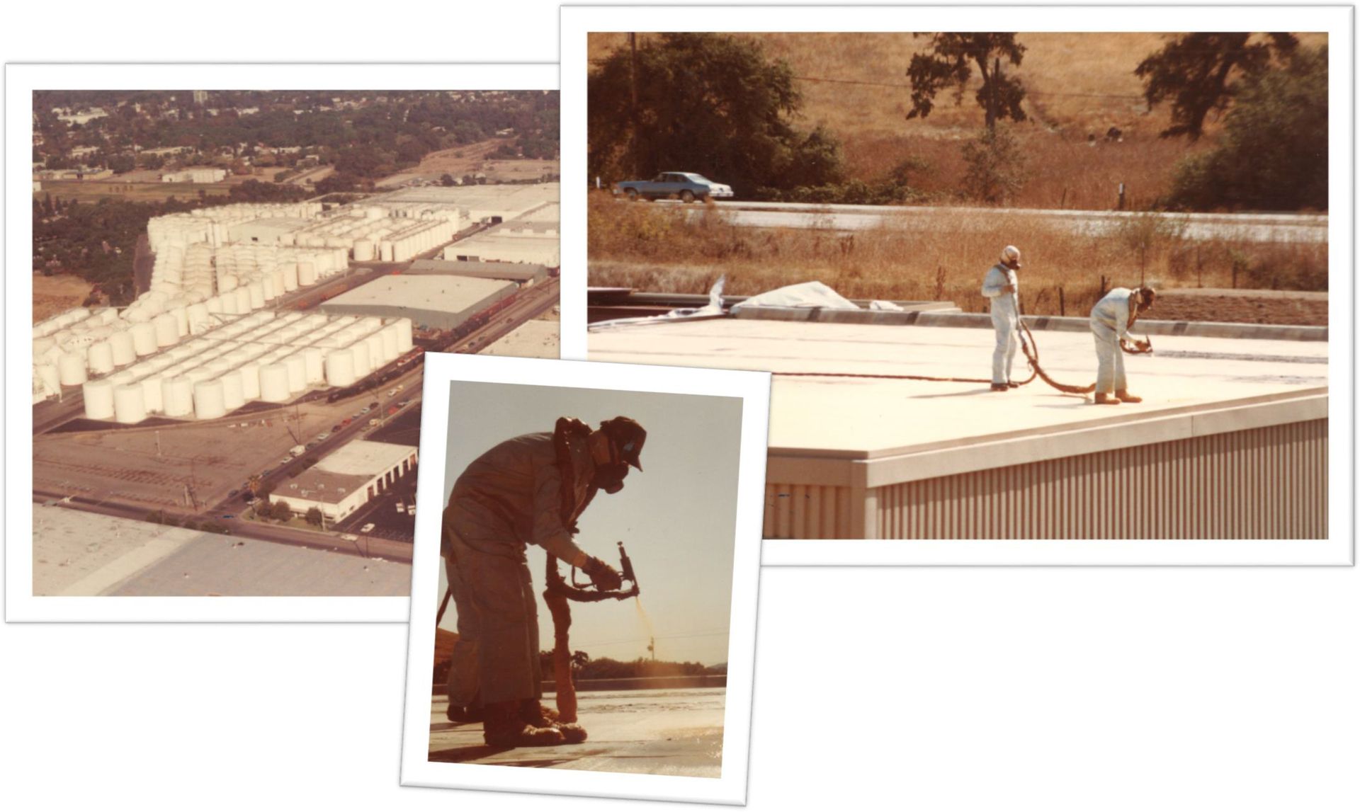 A collage showing workers in protective white suits applying spray-on coating to the roofs of industrial buildings.