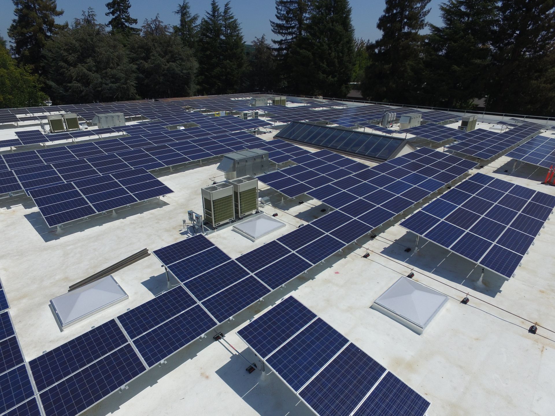 Solar panels covering a white rooftop with trees in the background