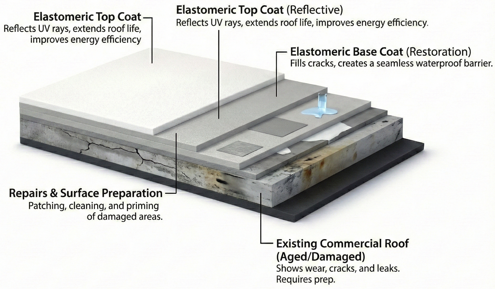 A diagram showing the layers of a commercial roof restoration system, from the damaged base to the new elastomeric coats.