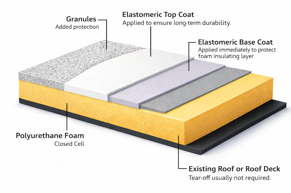 A diagram of a multi-layer roof system, showing polyurethane foam applied over a roof deck, topped with protective coats.