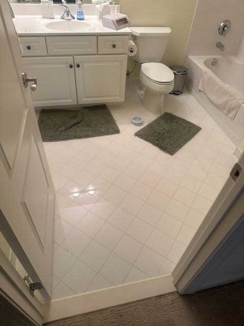 A bright, clean bathroom with a white vanity, a toilet, a bathtub, and two gray floor mats on white tiled flooring.