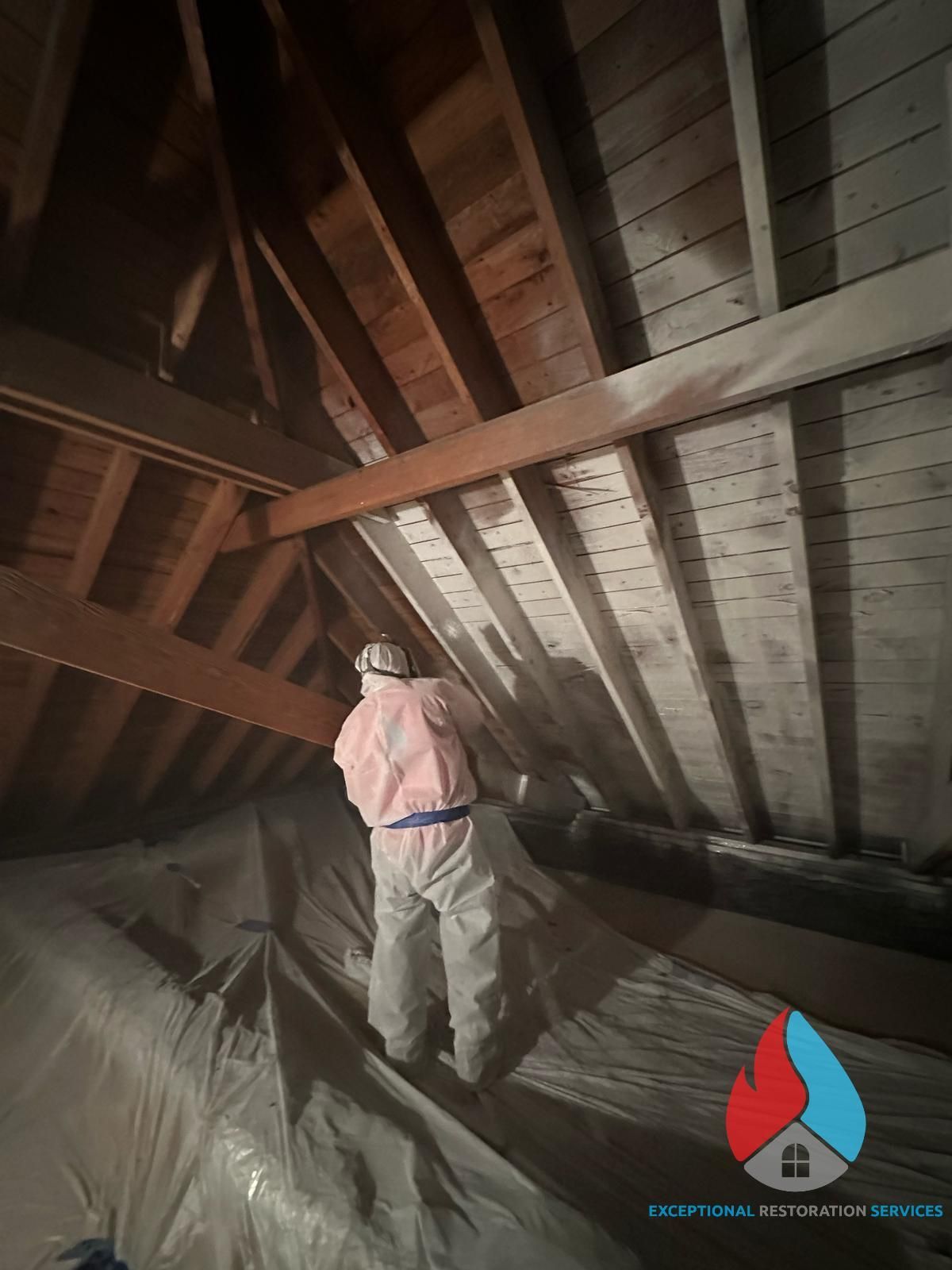 A person in protective gear treats the underside of a wooden attic roof, with plastic sheeting covering the floor.