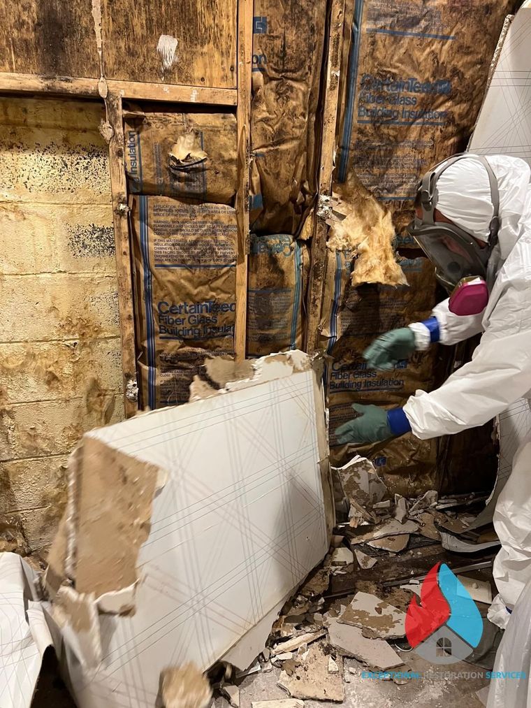 A person in a protective suit and mask removes damaged drywall and insulation from a wall in a water-damaged room.