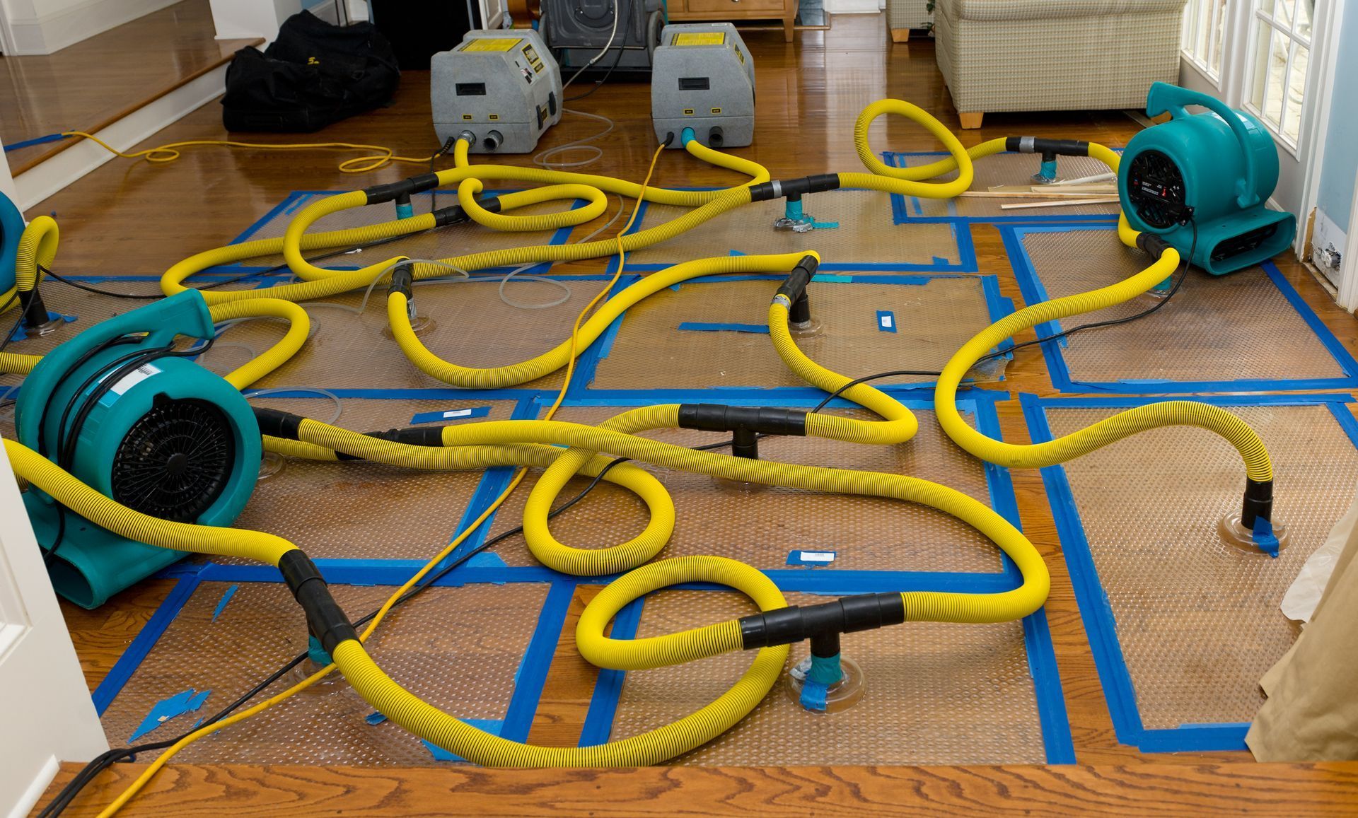 Hardwood floor drying equipment with blue tape panels, hoses, and teal fans set up for water damage restoration.